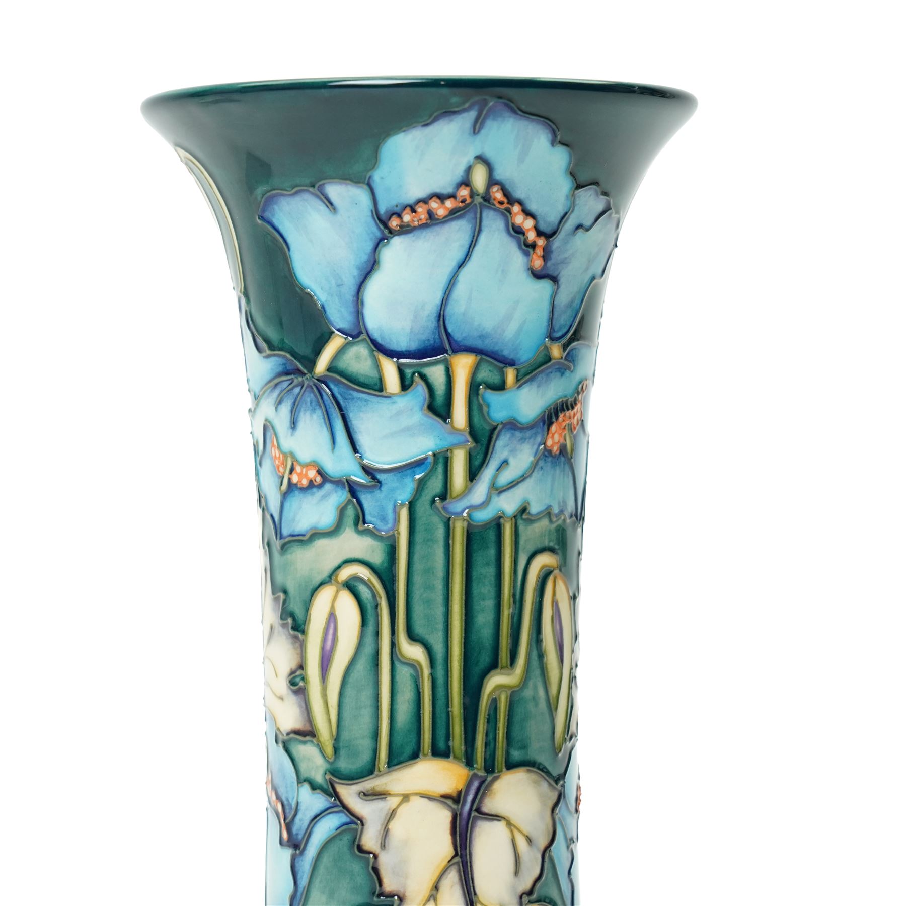 Moorcroft Blue Rhapsody pattern vase, of cylindrical form with flared neck, designed by Philip Gibson, a trial piece, with impressed and painted marks to base, with original box, H25cm