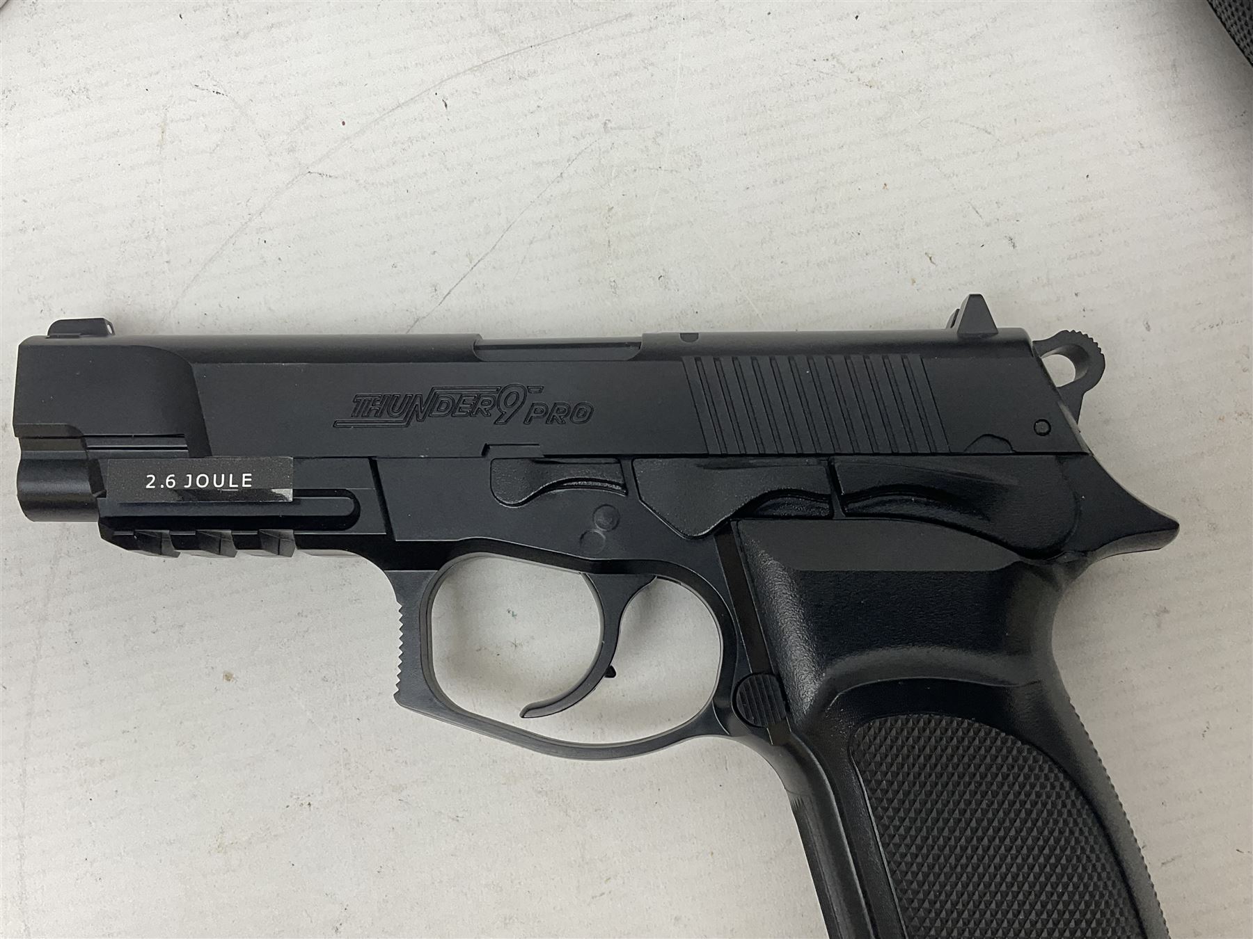 Two Bersa Thunder 9 Pro CO2 BB pistols, serial nos.21M142216 and 20J12270, L30cm overall; one in original box with paperwork  NB: AGE RESTRICTIONS APPLY TO THE PURCHASE OF AIR WEAPONS.