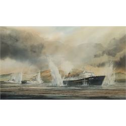 David C Bell (British 1950-): The MV Norland in the Falklands Conflict, watercolour signed 36cm x 61cm 
Notes: The Norland was a P&O 27,000 tonne roll-on/roll-off ferry  built in 1974 operating between Hull and Rotterdam Europoort, Netherlands, and then Zeebrugge, Belgium. During the Falklands War, the Ministry of Defence requisitioned the Norland to be used as a troopship in the Task Force sent to retake the Falkland Islands. The Norland was among the ships to enter San Carlos Water during the amphibious landings of Commandos and Paratroopers, Captained by Donald Ellerby CBE. The ship survived attack from the Argentine Air Force, and at the end of the war repatriated the defeated Argentine troops back home, alongside the Canberra.