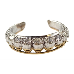 9ct white and yellow gold graduating diamond crescent moon brooch, London 1973, total diamond weight approx 0.80 carat