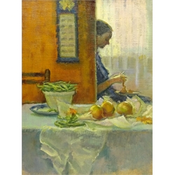 Olive Bagshaw (Northern British fl.1965-1978): Young Woman Peeling Apples, oil on canvas laid on board unsigned 45cm x 34cm Provenance: from the Artist's Studio Sale. Miss Bagshaw who was born in Salford, received her formal art training at Salford and Manchester Art School. Her work has been regularly accepted at the Royal Society of Portrait Painters, the Royal Academy and Federation of British Artists (Information from a 1970's Monks Hall Museum and Gallery exhibition catalogue)  DDS - Artist's resale rights may apply to this lot  
