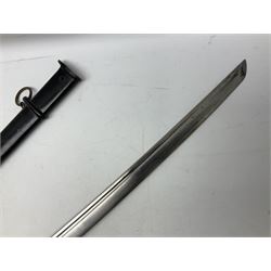 WW2 Japanese Army NCOs sword - katana, the 69.5cm slightly curving fullered blade numbered 14656; arsenal markings stamped near the habaki on the handle; brass tsuba and black painted metal hilt cast to simulate cord bound fish skin; in black painted steel scabbard with single suspension ring L96cm overall