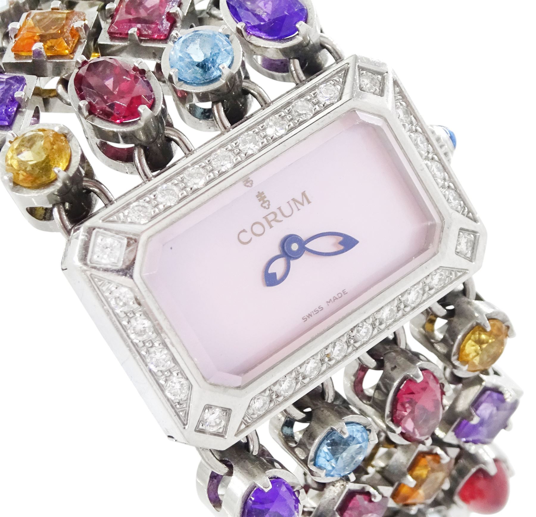 Corum Potpourri ladies stainless steel multi gemstone set quartz wristwatch, Ref. 137.520.47, serial No. 1710972, pink mother of pearl dial, diamond set bezel, on a multi gemstone set bracelet
