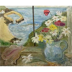 Manner of Winifred Nicholson (British 1893-1981): View from a Window with Flowers and Conch Shell, oil on canvas unsigned, inscribed verso 83cm x 100cm (unframed)