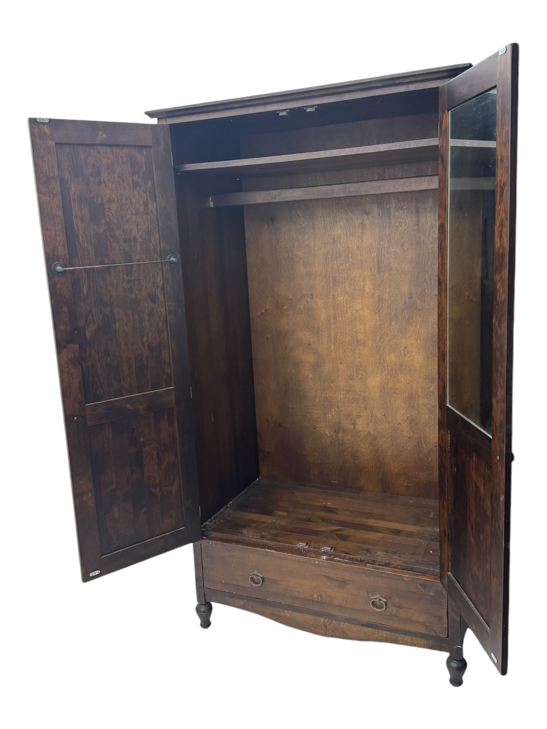 Marks & Spencer - dark wood double wardrobe, fitted with single drawer, on turned feet