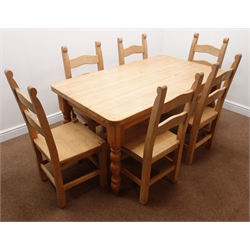  Rectangular waxed pine dining table with turned supports (152cm x 86cm, H75cm), and set six beech ladder back dining chairs  