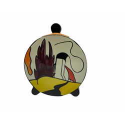 Lorna Bailey Old Ellgreave Pottery, comprising teapot in beach design, circular jar in house and path design, shell jug in Bridge and stream design, squat jug in Pagoda design and plate decorated with an Art Deco woman, all with printed and painted marks. 