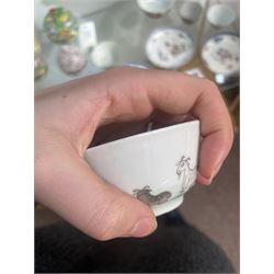 Group of eight 18th century and later Chinese famille rose and similar painted teabowls and dishes, to include unmarked peony cup, small cup decorated with flowers and butterfly, cup decorated with female figure gazing out of a window in a Buddhist temple with indistinct square character mark to base, pair of saucers unmarked, and others with character scenes unmarked (8)