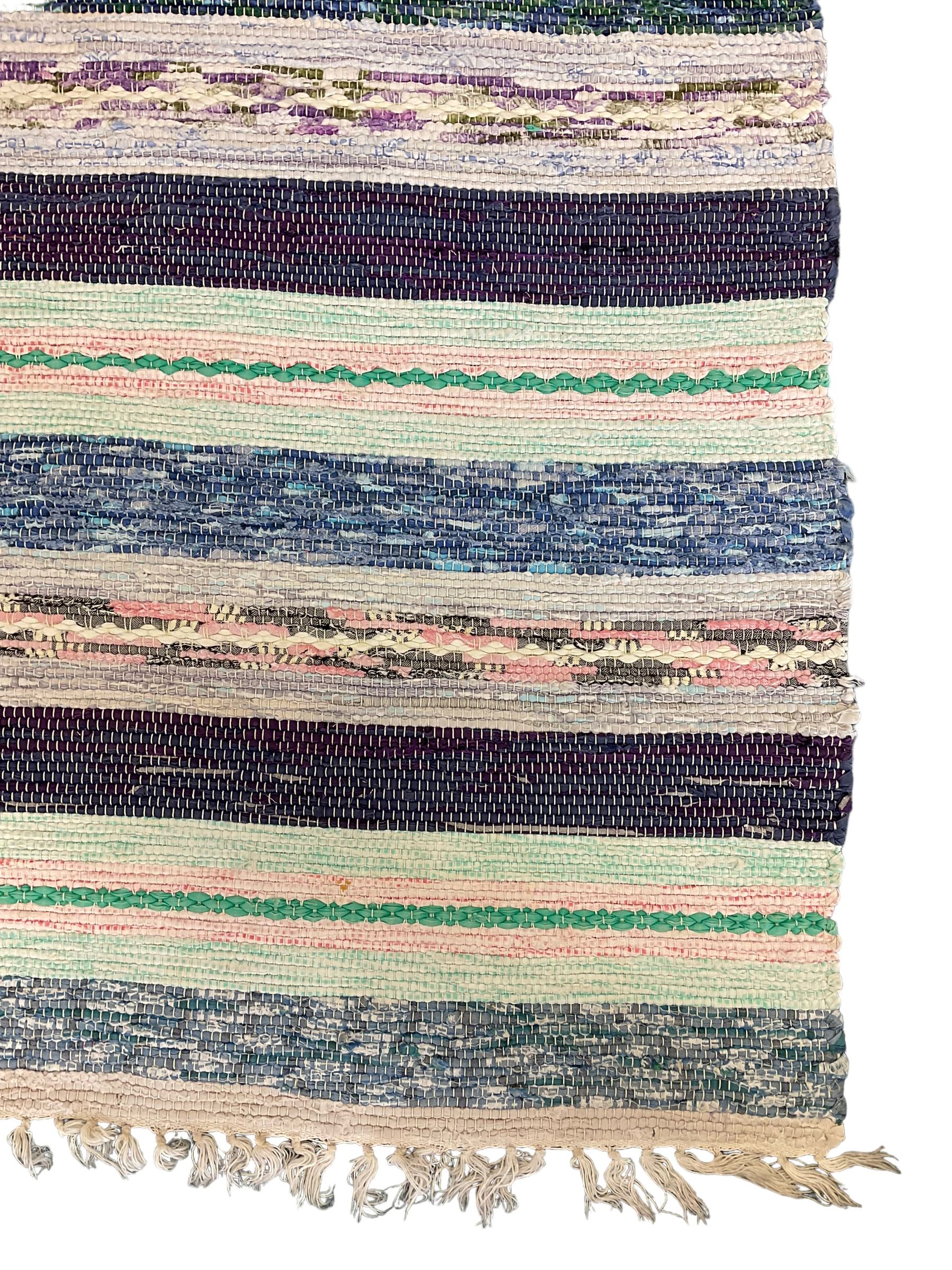 Striped cotton rag runner rug, in blue and purple shades 