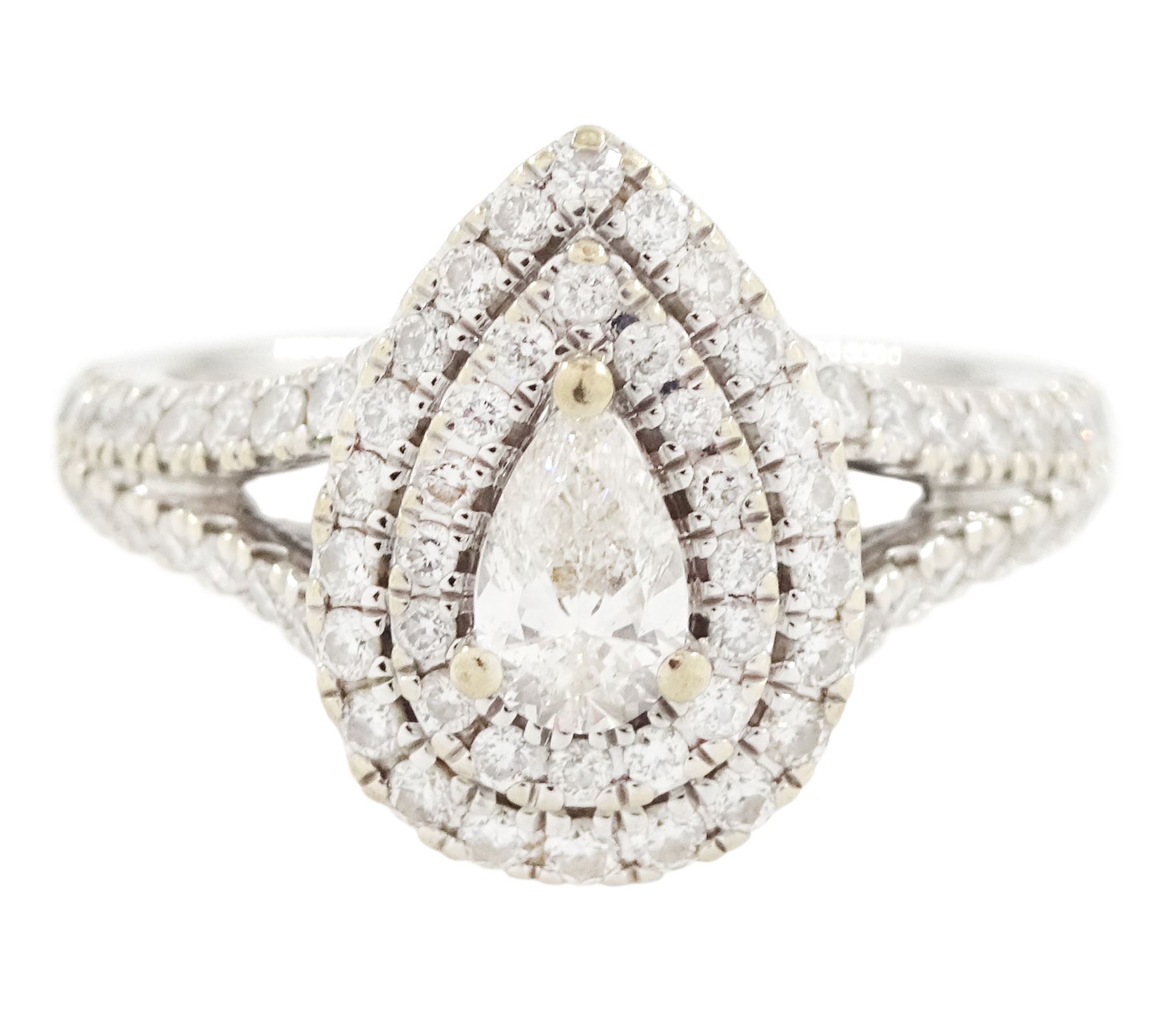 Vera Wang 18ct white gold diamond and sapphire 'Love' ring, single pear cut diamond, surrounded by two rows of round brilliant cut diamonds, split diamond set shoulders and sapphire set gallery, hallmarked, total diamond weight 0.95 carat