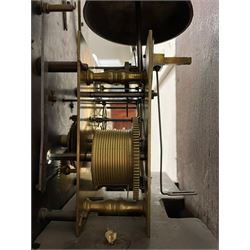 Henry Hindley of York – mid-18th century oak cased 8-day longcase clock,
flat topped caddy pediment with gesso finials, rectangular hood door flanked by wooden turned pilasters with capitals, canted trunk with a full-length break arch topped door on a short plinth with applied skirting and bracket feet, brass dial with a silvered chapter ring, Roman numerals and five-minute Arabic’s, minute and inner quarter hour tracks, matted dial centre with subsidiary seconds dial, blued steel hands and female head pattern spandrels, silvered calendar dial to the break arch with dolphin spandrels, four pillar rack striking movement, striking the hours on a bell. With weights and pendulum. 
H250 W48 D27
Henry Hindley originally from Wigan (Lancs) is recorded as working in York from Petergate 1731-41 then Stonegate 1741-1771. A famous and highly innovative maker, often referred to as the “Tompion of the North.” 
