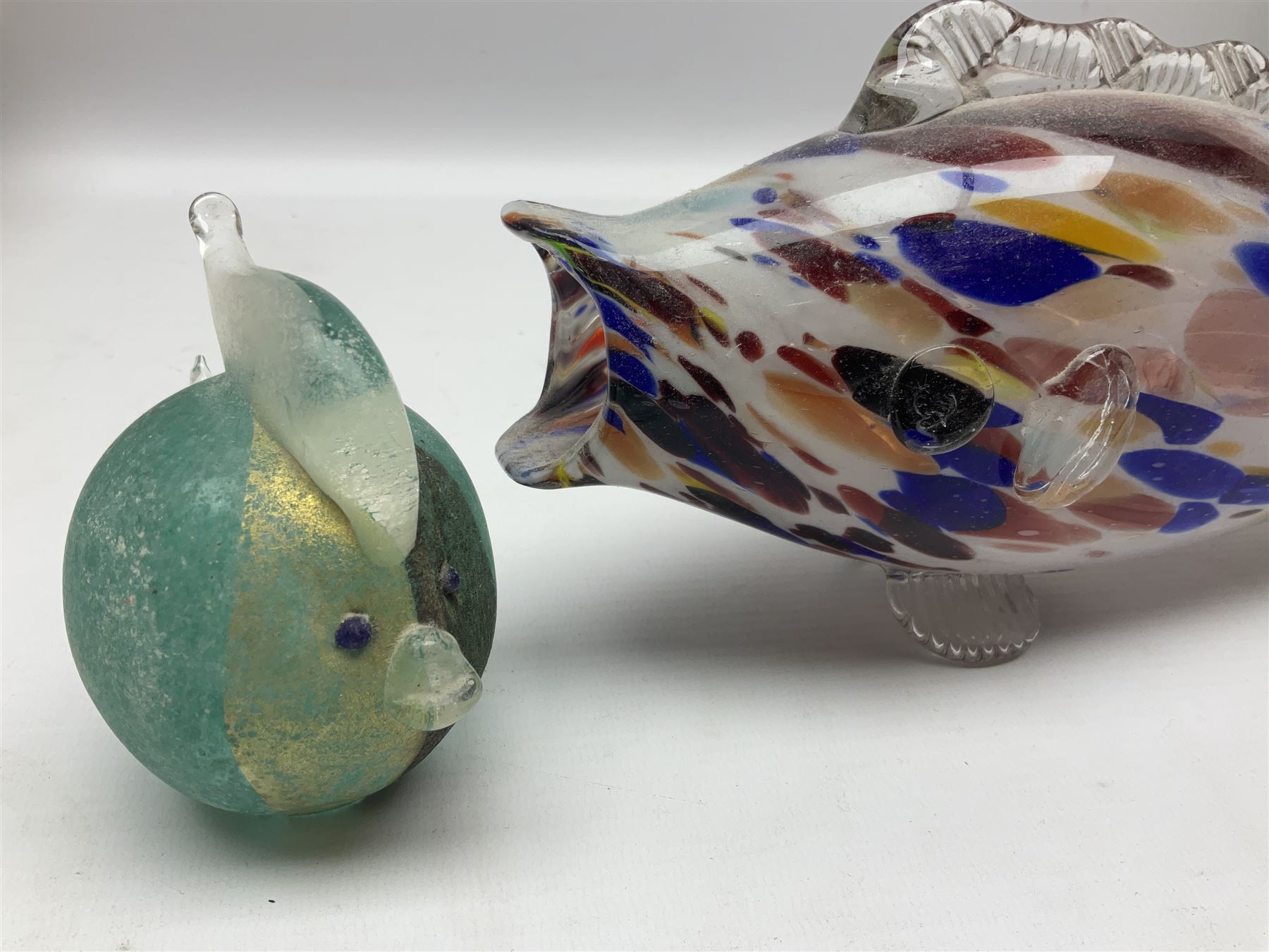 Bjorn Ramel Sea of Sweden Glasbruk art glass footed candle holder, together with a Murano fish, various other art glass vases, stylised green fish, etc, tallest H29cm