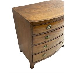 George III inlaid mahogany bow-front chest, fitted with four graduating drawers, octagonal plate and loop handles, shaped apron and splayed bracket feet
