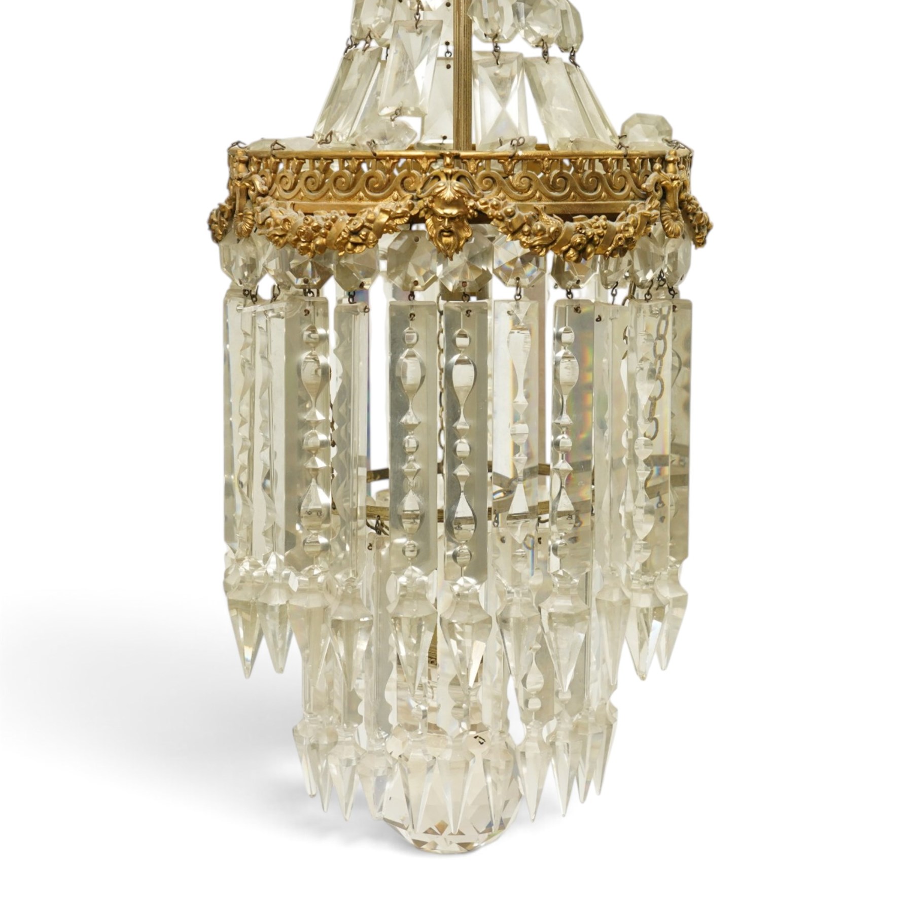 Brass and crystal ceiling light, drop 72cm, together with three small crystal oval wall lights, H28cm (4)