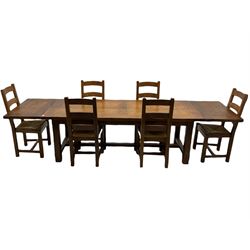 Antix French oak dining table with two leaves, two frieze drawers;, and six ladder back chairs with rush seats