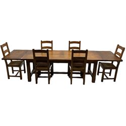 Antix French oak dining table with two leaves, two frieze drawers;, and six ladder back chairs with rush seats