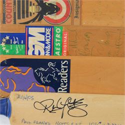 Nine signed miniature cricket bats, each signed by 1990s/2000s County Cricket teams and single players, including Paul Franks Nottinghamshire 2005  Worcestershire 1998, Derbyshire 1994, Nottinghamshire 1999 etc