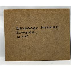 William Burns (Northern British 1923-2010): 'Beverley Market - Summer', oil on board signed, titled verso 20cm x 25cm (unframed) Provenance: Direct from the family of the artist.
Notes: Born in Sheffield in 1923, William Burns RIBA FSAI FRSA studied at the Sheffield College of Art before the outbreak of the Second World War, during which he helped illustrate the official War Diaries for the North Africa Campaign, and was elected a member of the Armed Forces Art Society. On his return, he studied architecture at Sheffield University and later ran his own successful practice, being a member of the Royal Institute of British Architects. However, painting had always been his self-confessed 'first love', and in the 1970s he gave up architecture to become a full-time artist, having his first one-man exhibition in 1979.