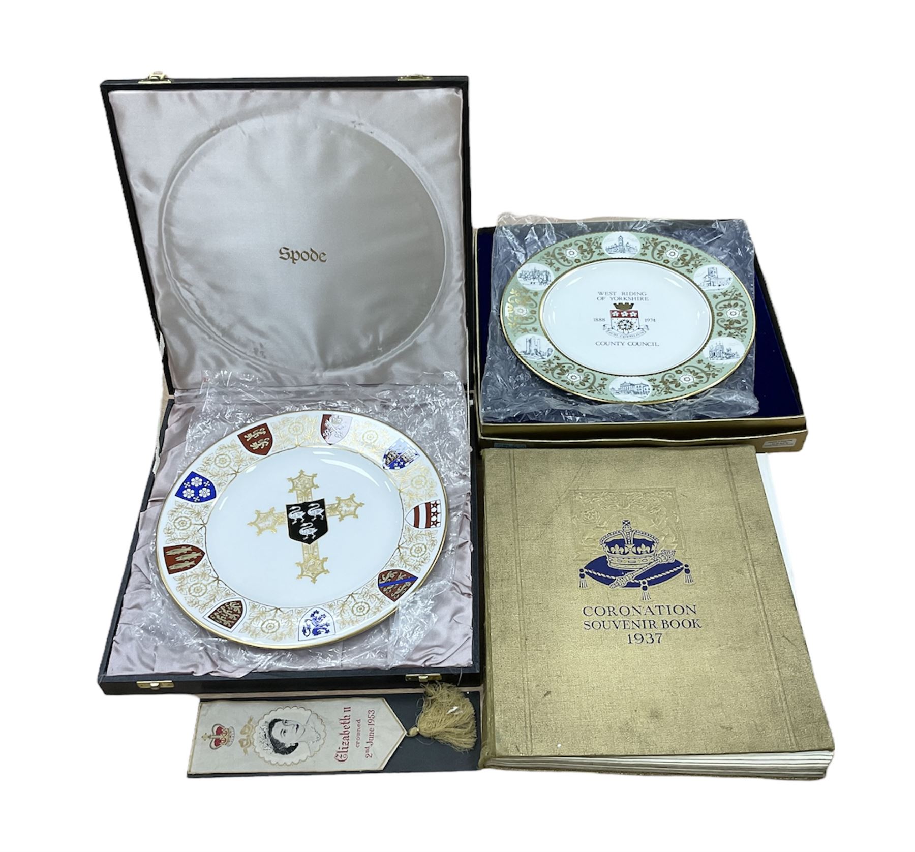 The Daily Express Coronation Souvenir picture book 1937, together with boxed Spode Selby Abbey plate and boxed Wedgwood West Riding of Yorkshire County Council plate 