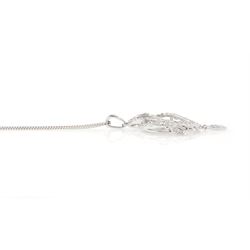 9ct white gold diamond pendant necklace, the openwork pendant set with single cut diamonds, suspending further single cut diamonds, both hallmarked