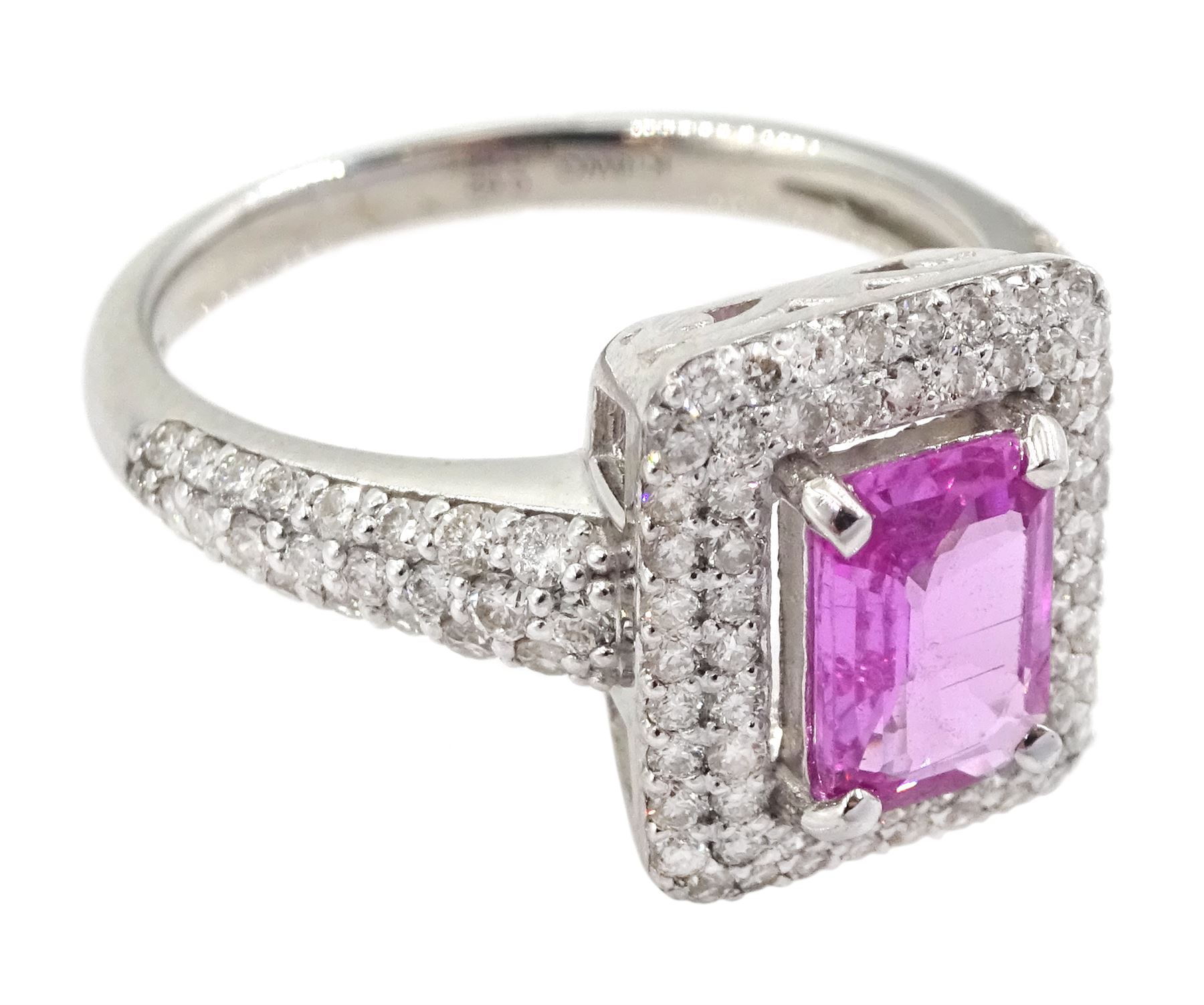 18ct white gold pink sapphire and diamond cluster ring, with diamond set shoulders, stamped sapphire approx 0.85, total diamond weight 0.62