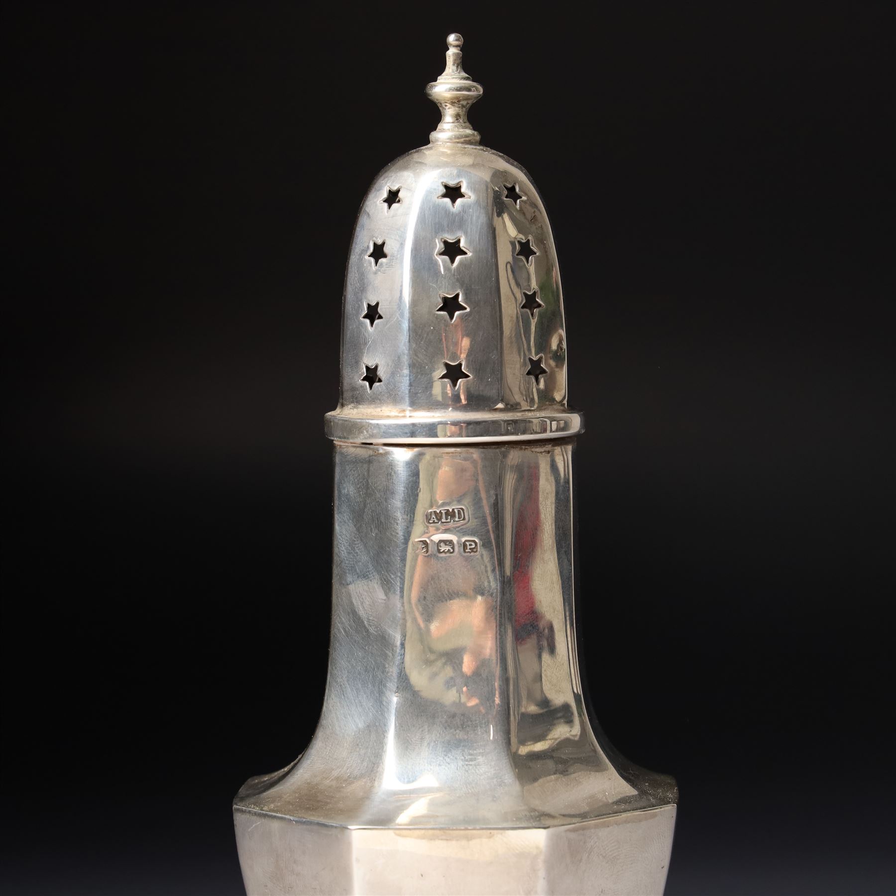 Silver panel sided sugar caster H19cm Birmingham 1939 Maker Aaron Lufkin Dennison 