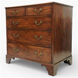George III mahogany chest of drawers, moulded rectangular top over two short and three long drawers, plain frieze, the drawers fitted with brass swan neck handles and pierced escutcheons, raised on shaped bracket feet