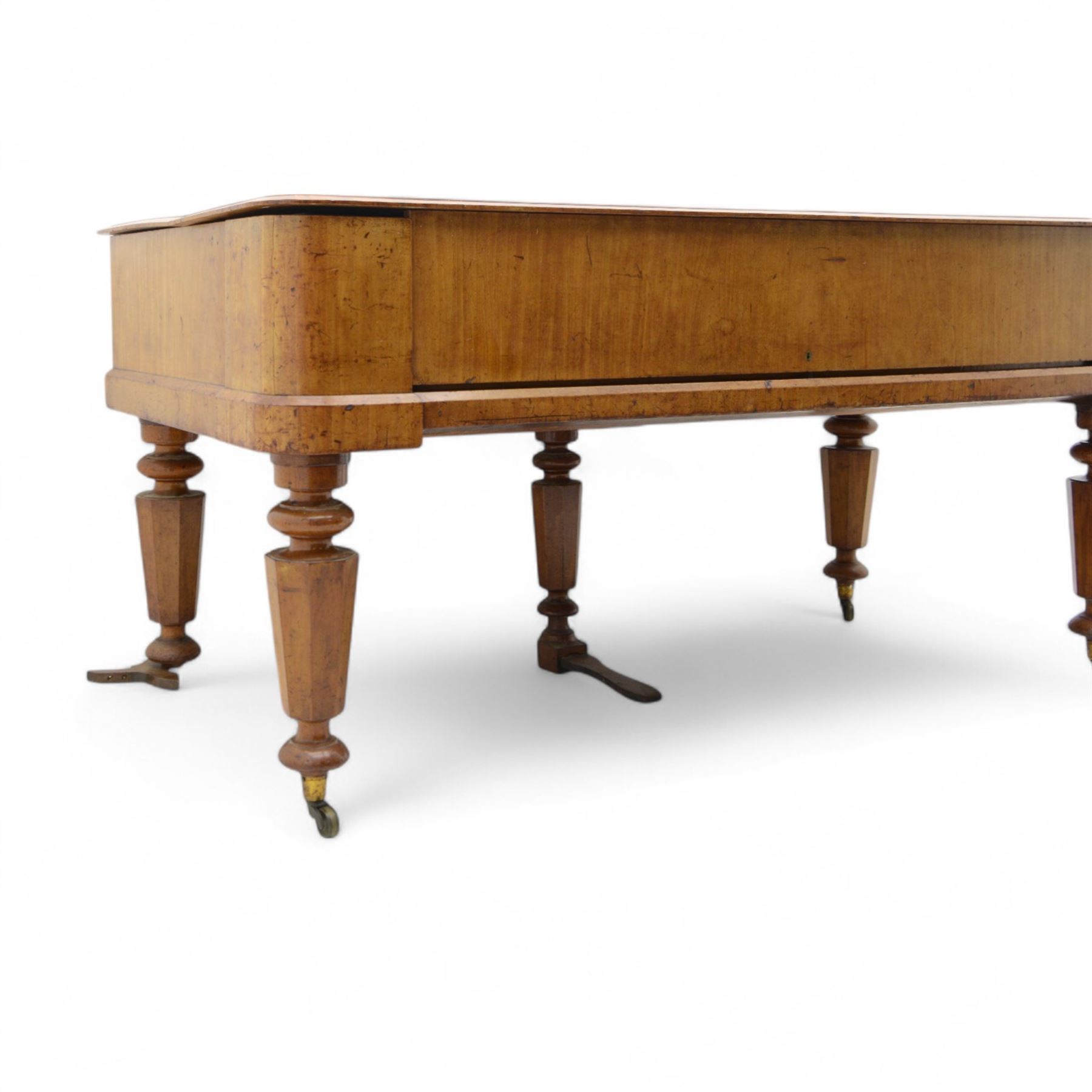 John Broadwood & Sons- Mid-19th century square piano in a light mahogany case serial No 57168 (1840), with four taper turned legs on castors and conforming sustaining pedal, with a 6 octave compass F1-G6 with 63 ivory and ebony keys, makers name with brass inlay and silk backed fretwork above the keys, recently restored action with new hammer heads, damper felts and strings, bi-strung with a steel brace and metal hitch pin plate with faux marbled decoration. 
This item has been registered for sale under section 10 of the APHA Ivory Act, Reference BS3HW755