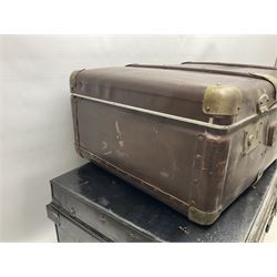 Tin trunk, two suit cases and encyclopaedia Britannica, trunk H33cm, L84cm