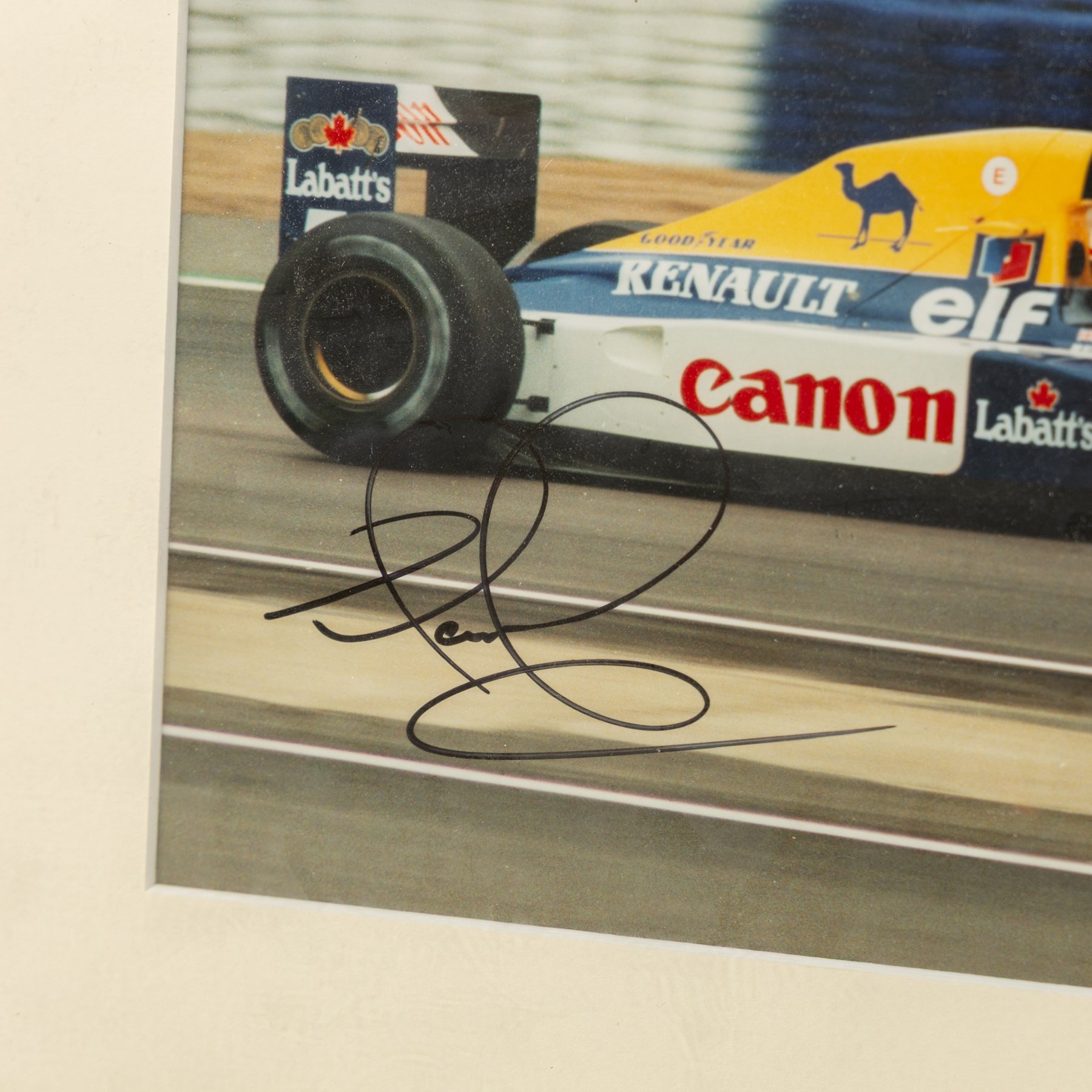 Ten signed Formula 1 photographs, comprising eight Damon Hill examples, Jenson Button and a Nigel Mansell example, nine with certificates of authenticity from Write Stuff Autographs, all framed, largest H47cm, W67cm