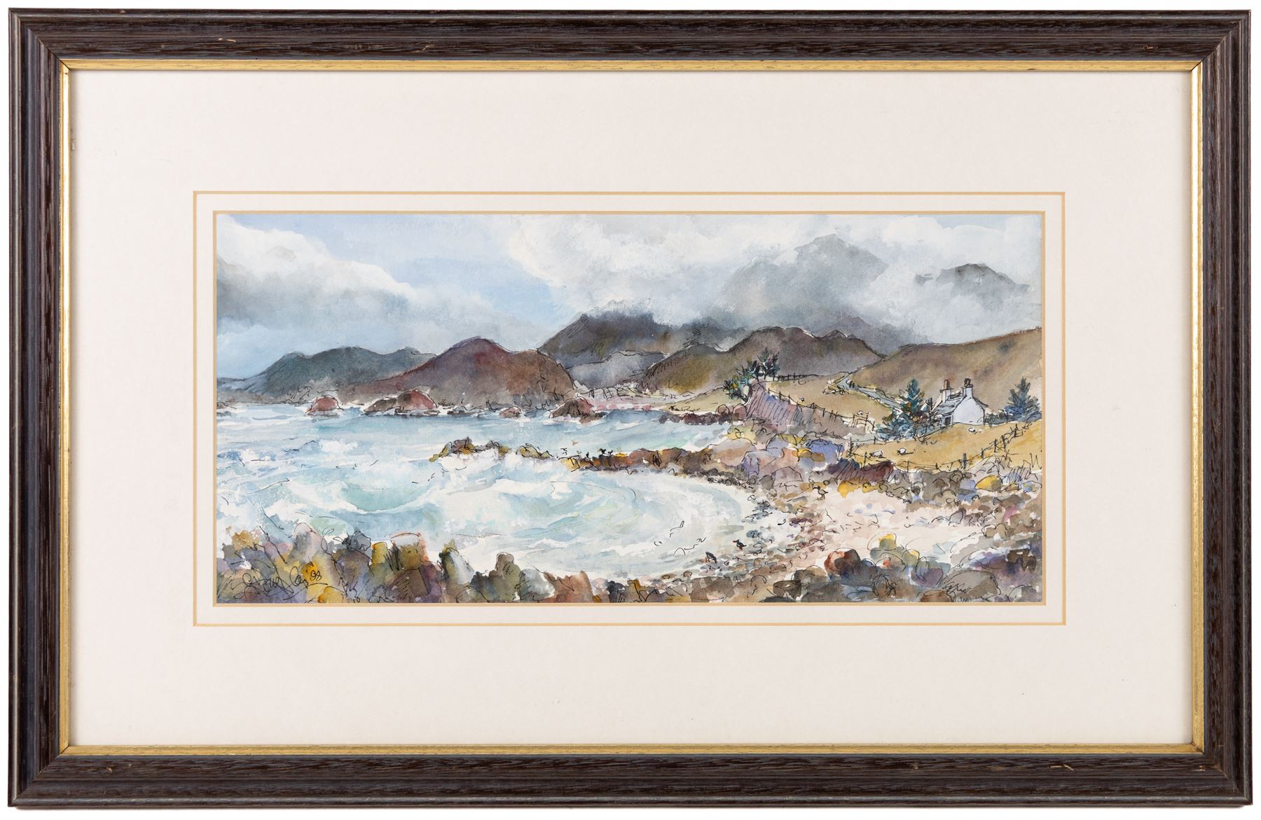 Gill Douglas (Northern British 1944-): 'Smoke on the Mountain I - An Teallach (the Forge) in the mist with Gruinard Bay from Laide - Wester Ross', watercolour signed, titled and dated 1998 verso with the artist's York address label 16cm x 34cm
Notes: Originally from Newcastle upon Tyne, at the age of 28 Gill moved to study Theatre Design at Art College in Nottingham. On completion of her Diploma, in 1976, she moved to York to establish herself as an artist and print maker.