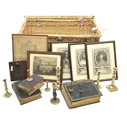  Three 18th century engravings of English Kings, 19th century map of Bedfordshire,  two Victorian Bibles, four pairs of brass candlesticks and a wooden printing block and a wicker laundry basket  
