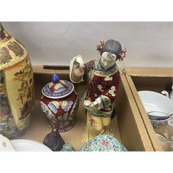 Pair of ginger jars, together with oriental figure, Kaiser plates, glassware etc, in two boxes 