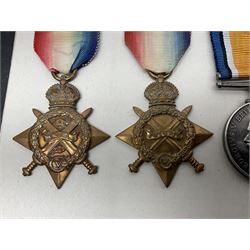 Representative display of five WWI Campaign Stars and Medals to different recipients comprising 1914 'Mons' Star to 13800 Gnr. R. Pexman R.F.A.; 1914-15 Star to TS822 F. Bage T.R. R.N.R.; British War Medal to 90461 Dvr. A.A. Cross R.A.; Mercantile Marine Medal to Patrick J. Magrath; and Victory Medal to 2657 Cpl. W.R. Kenny Norf. Yeo.; all with ribbons (5)