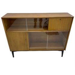 1970s teak sideboard, fitted with sliding glass doors, fall front compartment and cupboard