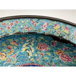 18th/19th century Chinese Canton enamel basin, the circular basin with flat everted rim, decorated with scrolling foliate and fruit decoration on a blue ground, D43cm