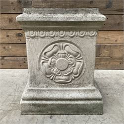 Cast stone garden pedestal with relief 'Yorkshire Rose' motif