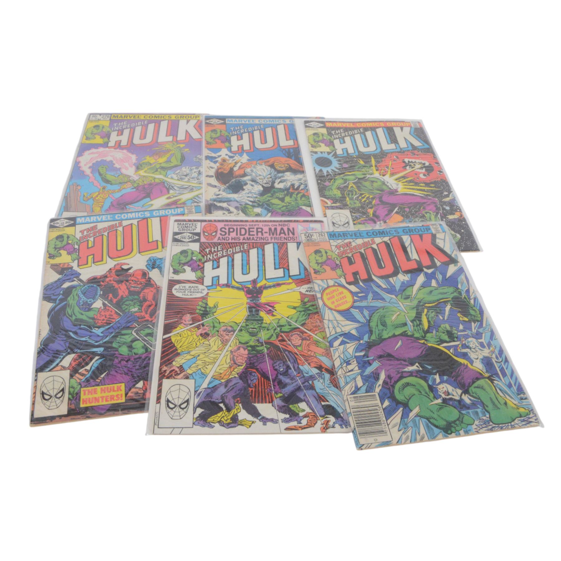 Fifty Marvel 'The Incredible Hulk' comic books, spanning years 1969- 1986, comprising #114, #121, #123, #124, #125, #127, #134, #135, #136, #138, #164, #165, #166, #167, #168, #172, #178, #191, #197, #198, #199, #200, #252, #258, #261, #262, #266, #269, #270, #272, #276, #277, #278, #279, #280, #281, #282, #283, #314, #315, #316, #317, #318, #319, #320, ##321#322, #323, all bagged, some card backed