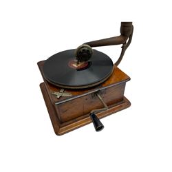 Early 20th century oak cased gramophone, the motor marked 'Garrard No.20 REF No.1030', with ribbed oak horn, base 30cm square; with one 78rpm record and Columbia tin of needles