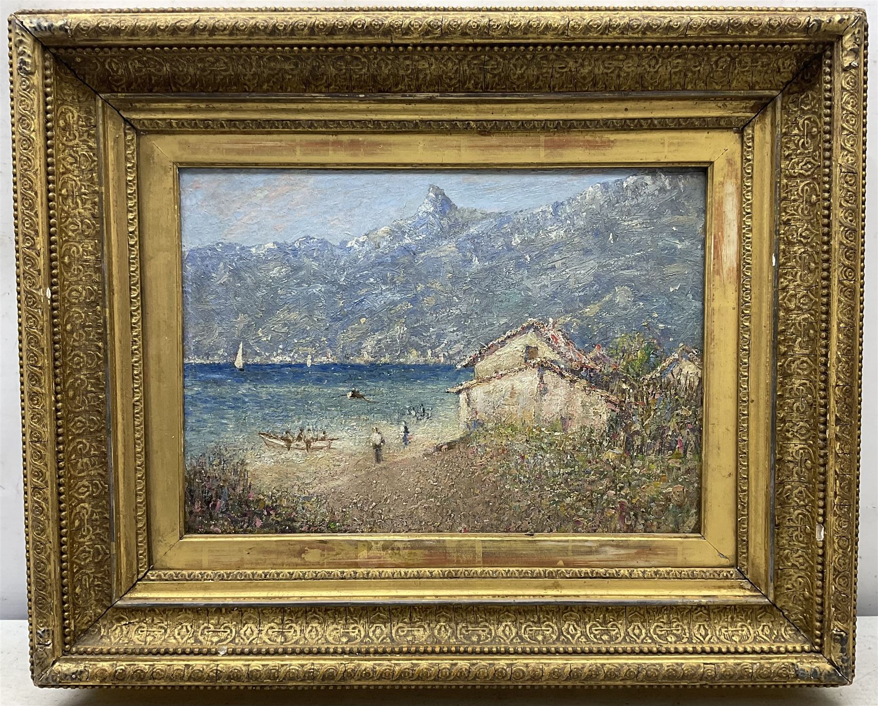 Andrew Charles Colley (Staithes Group 1859-1910): Italian Lakeside in Winter, oil on canvas laid on to board unsigned 25cm x 35cm 
Provenance: given to a relative of the previous vendor (who lived in Runswick Bay) by the artist's wife. Colley lived at 'The Firs' in Hinderwell, and is one of the more elusive members of the Staithes Group.