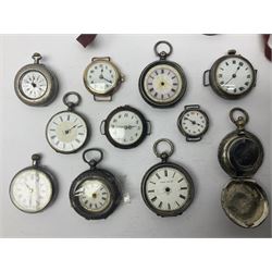 Collection of silver fob watches and wristwatches, some examples with enamel dials, together with silver plated examples 
