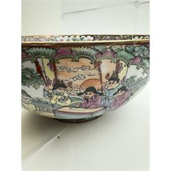 Chinese famille rose bowl, painted with panels depicting court scenes and flora and fauna, D31cm