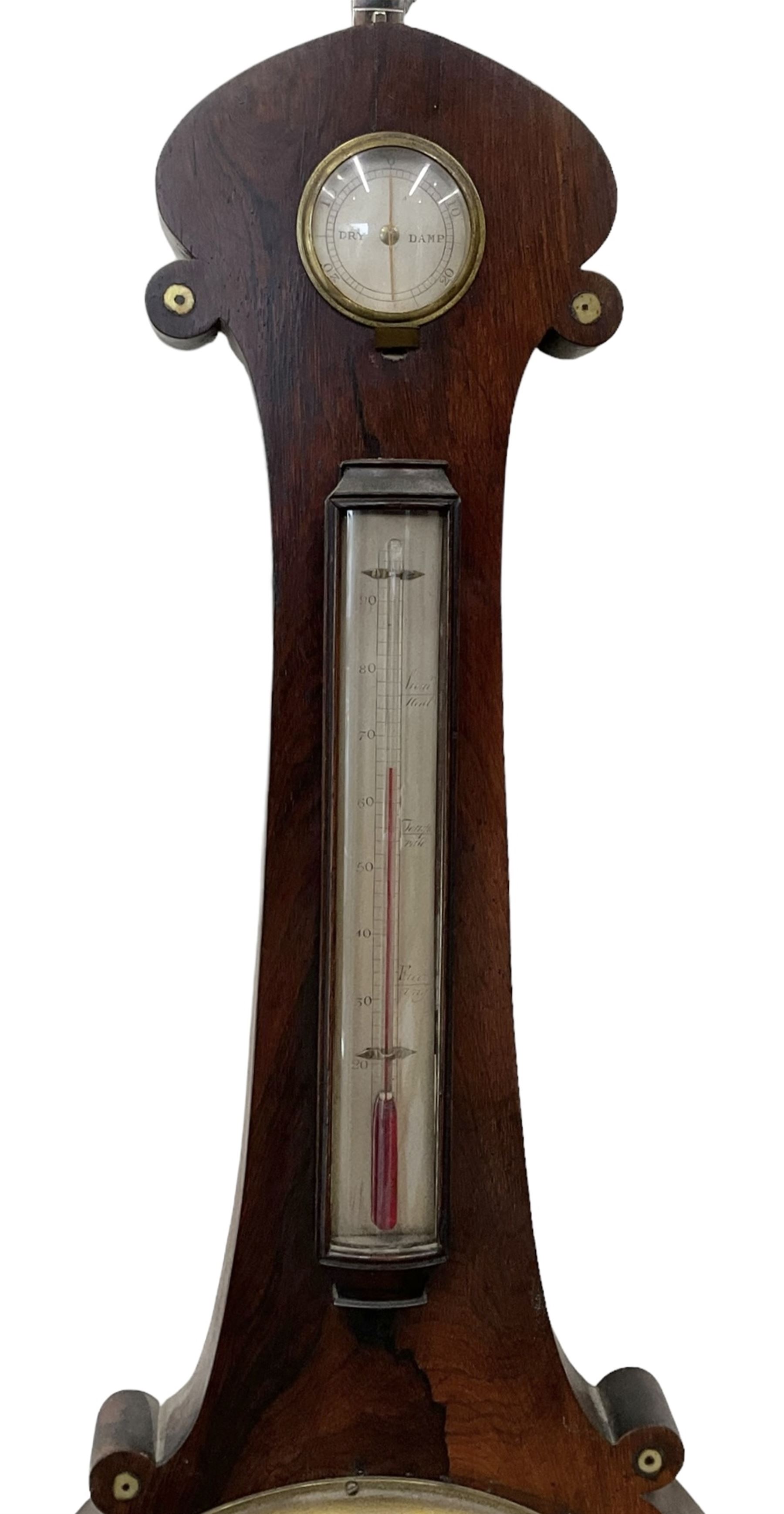 Late 19th century rosewood mercury barometer retailed by G Warners Clerkenwell, with a 10” dial silvered register signed by the Italian maker D Fagioli & son, with hygrometer, level bubble and spirit thermometer, brass recording hand and steel indicating hand.
Mercury tube with counterweights and pulleys intact. Mercury present.