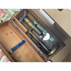 Floral tapestry in a mahogany frame, large collection of cigarette cards, framed tapestry, small microscope and a wooden correspondence box, frame H66cm