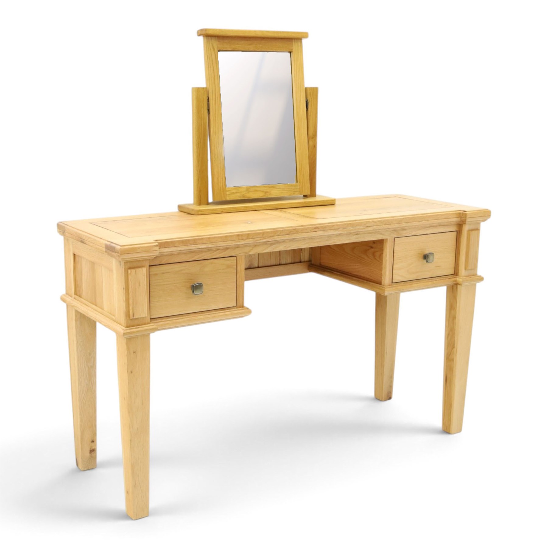 Contemporary oak kneehole dressing table and mirror, rectangular shaped top fitted with two drawers, on square tapering supports