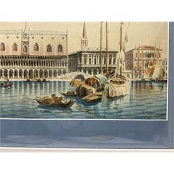 Umberto Ongania (Italian 1867-1942): View of the Grand Canal Venice with Gondoliers, watercolour signed 27cm x 57cm