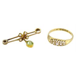 Early 20th century 18ct gold five stone diamond ring, Chester 1919 and a 9ct gold peridot and seed pearl brooch