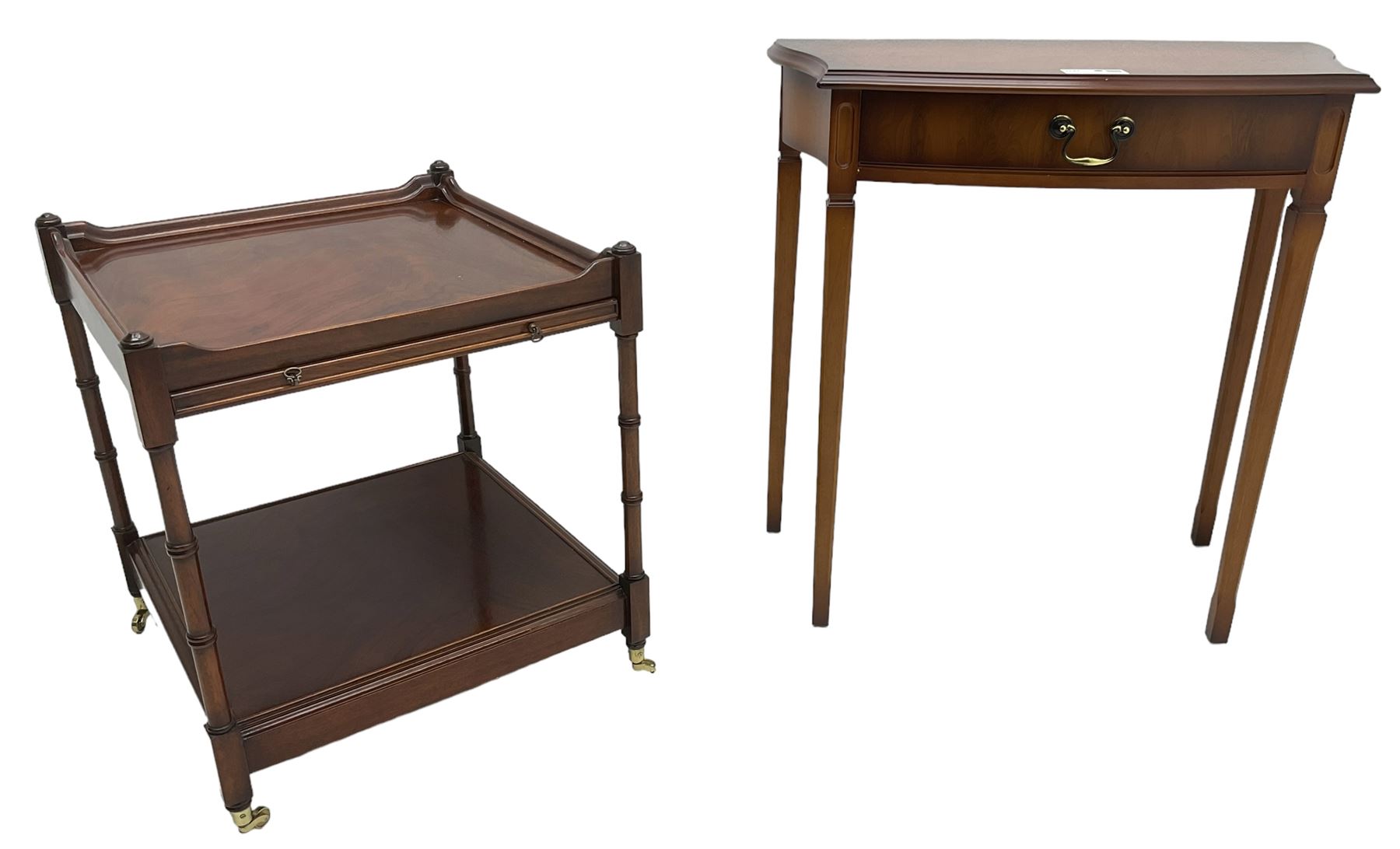 William Bartlett - small cherry wood console table, shaped moulded top over single drawer, on square tapering supports (W69cm, H71cm, D34cm); together with a Georgian design mahogany two-tier occasional table with slide (50cm x 50cm, H55cm)