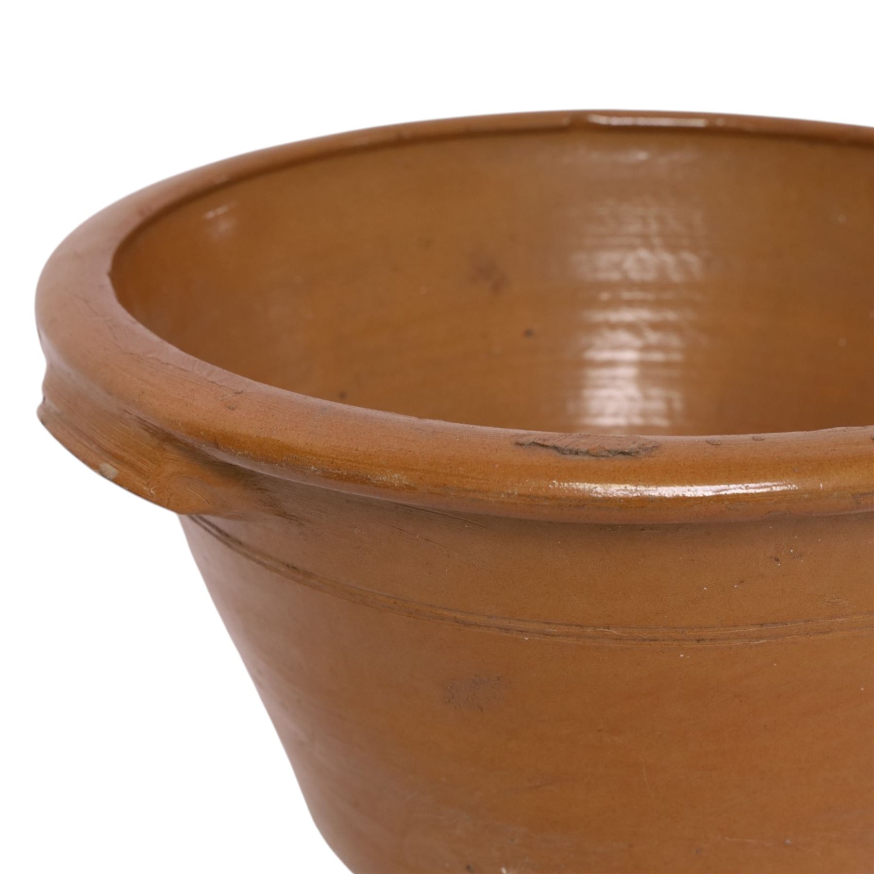 19th century tan twin handled pancheon, of tapering circular form, H26cm, D51cm