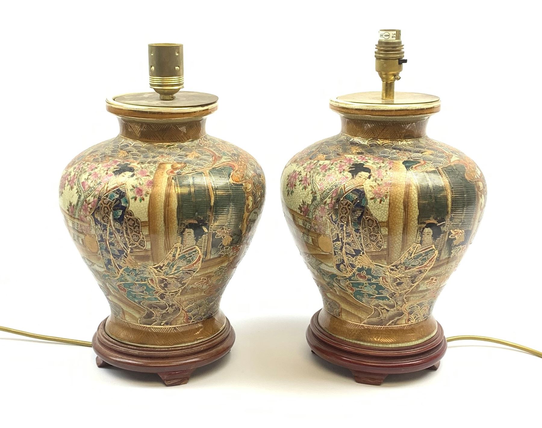 A pair of 20th century Japanese Satsuma style table lamps, decorated